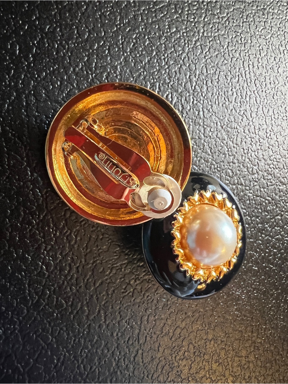 1990’s St John Faux Pearl and Enamel Clip Back Earrings